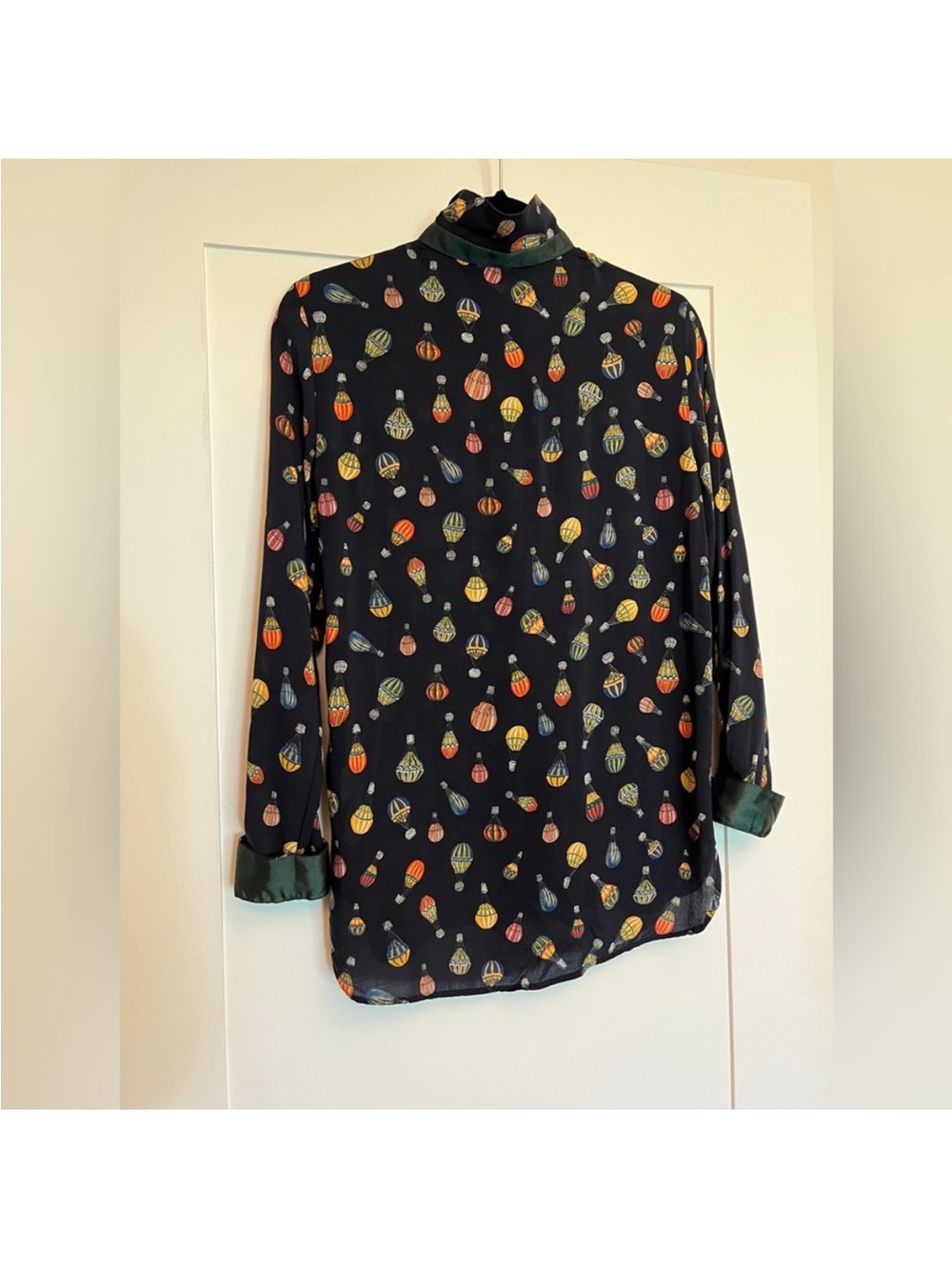 ❤️Zara Hot Air Balloon Watercolor Navy Shirt Emerald Green Trim S - Picture 4 of 6